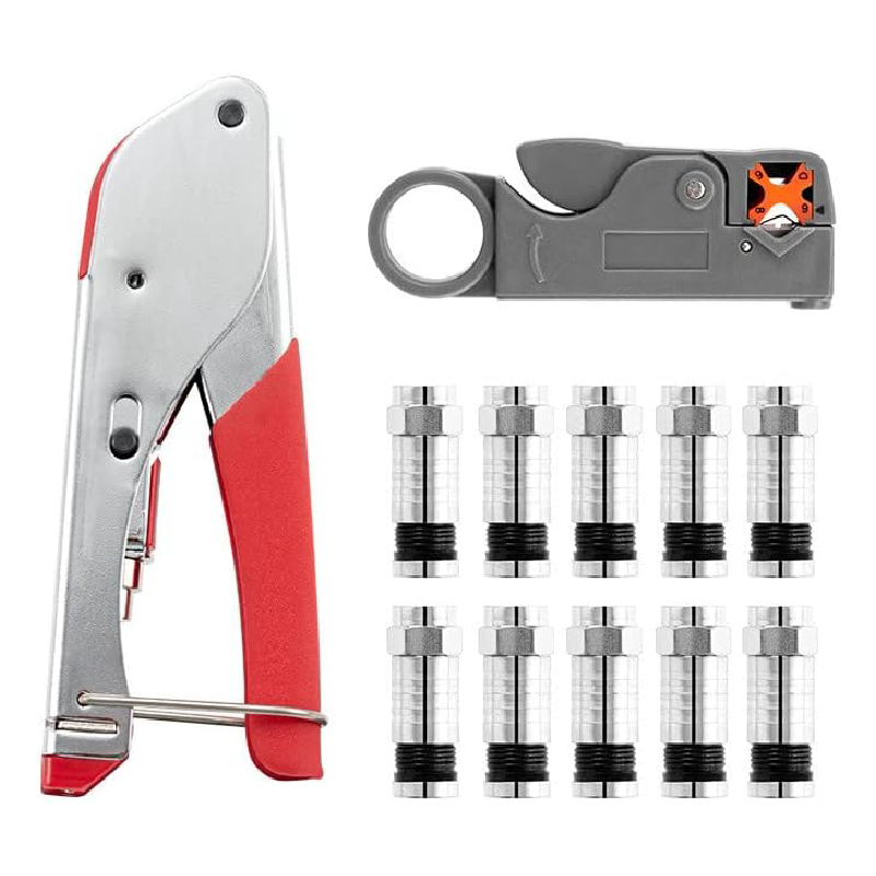Set Cleste CATV Compresie si Stripper Dezizolat Cablu si 20 mufe F SUPER TRENDS®, pentru uz industrial (compatibil RG59, RG6)