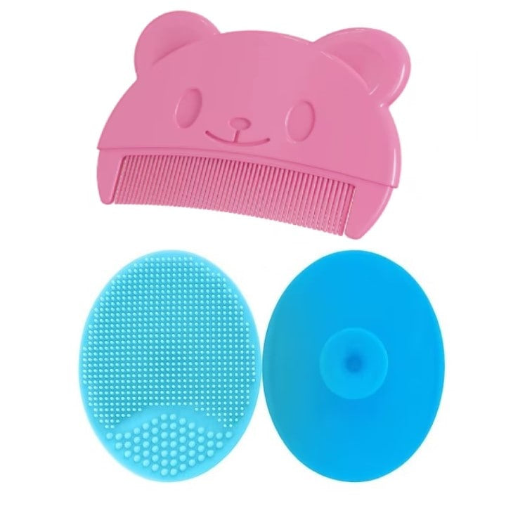 Set Perie De Baie Si Pieptan Bebelusi Super Trends® Din Silicon Moale, Perie Si Pieptan Bebe Pentru Indepartarea Crustelor De Lapte, Perie Si Piapten Bebelusi Cu Maner Ergonomic Antialunecare, Set Ing