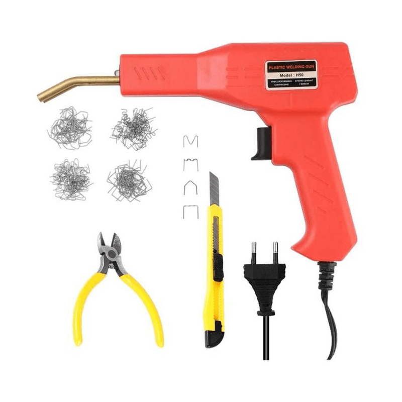 Set Pistol si 200 Buc Capse Pentru Lipit Plastic SUPER TRENDS®, Reparare Crapaturi, cu Cleste si Cutter, 50W, Rosu - SPTR.RO