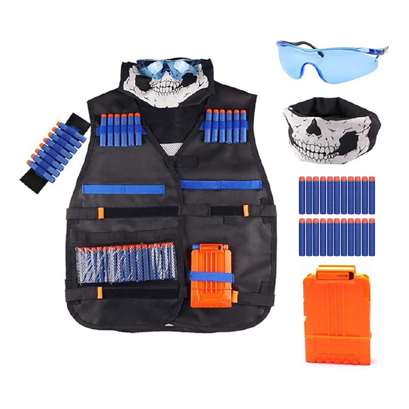 Set Vesta Tactica Pentru Copii Premium SUPER TRENDS®, Compatibila cu Seria Nerf N-Strike Elite, 20 de Gloante Din Spuma, Ochelari, Clip de Reincarcare, Masca Tactica si Bratara, Poliamida-Nailon, Mult