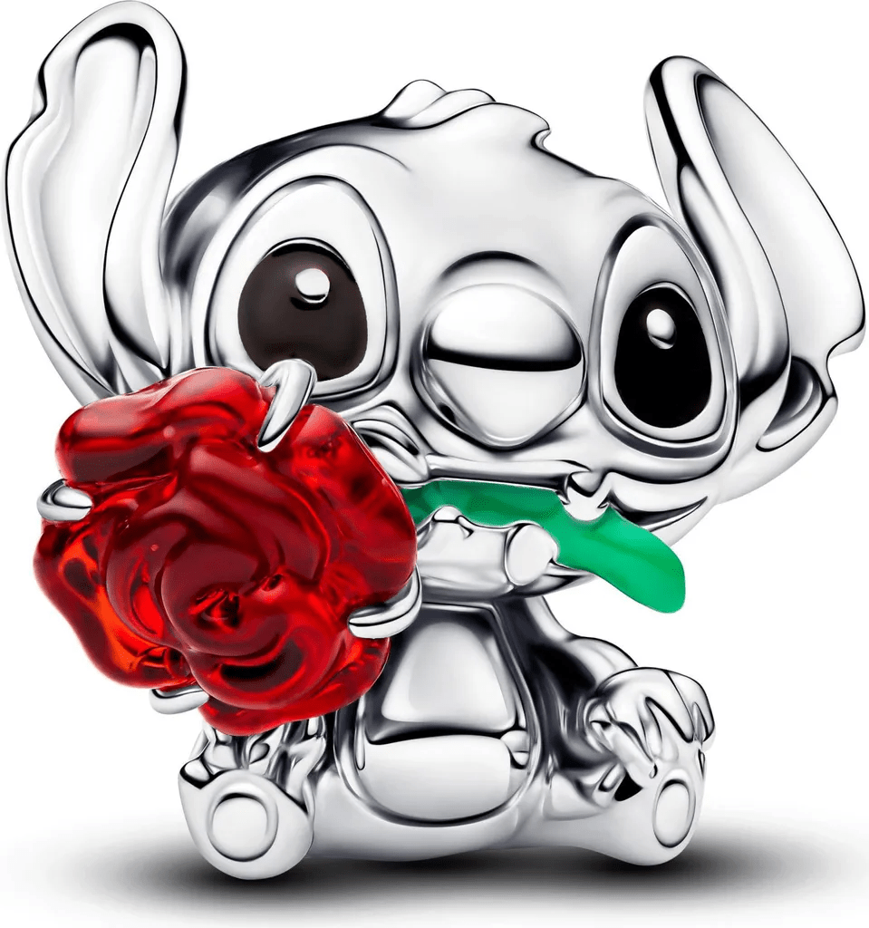 Talisman Compatibil Pandora Moments TrioStore®, Charm Stitch cu Trandafir Rosu, Talisman Bratara din Argint 925, Sticla Tip Murano si Email Colorat, Charm Compatibil Pandora, Model Personaj Animat, Ro - SPTR.RO