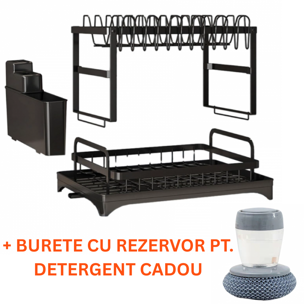 Uscator Pentru Vase cu 2 Nivele Premium SUPER TRENDS® Pentru Chiuveta, Cu Tavita de Scurgere, Suport Tacamuri si Suport Farfurii, Negru, 42 x 30 x 29 cm